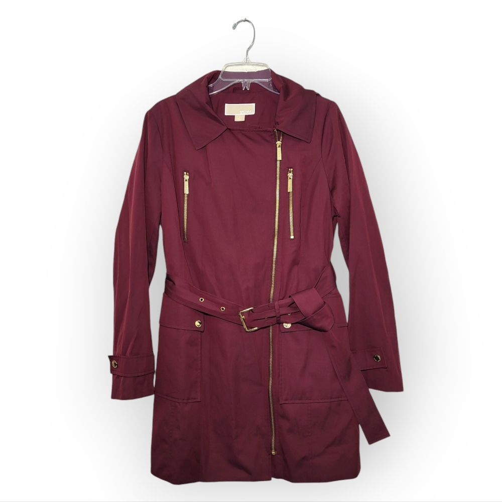MICHAEL KORS Asymmetrical Zip Mid Length Trech Coat with Hood Maroon M - Picture 2 of 10